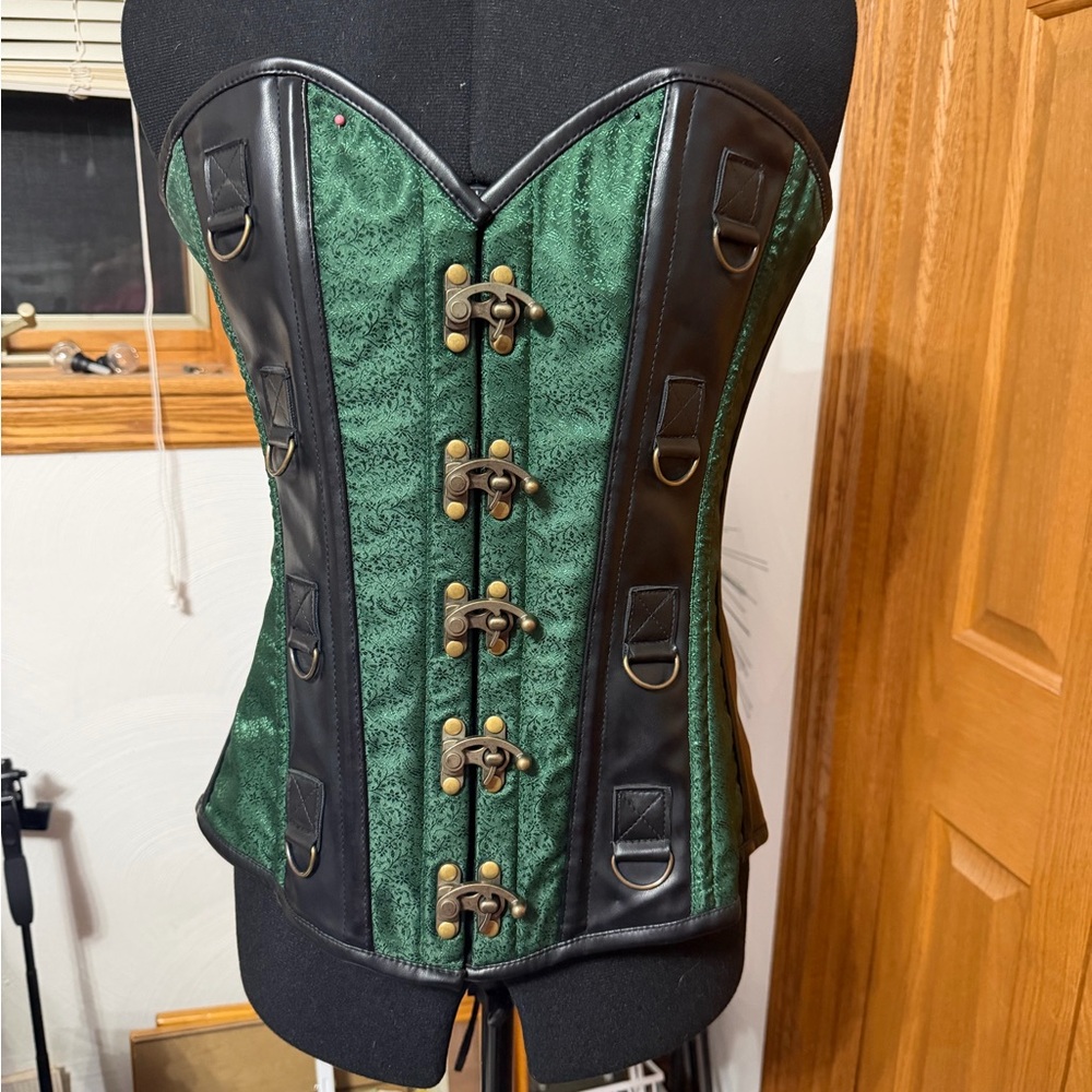 Green Woven Bustier Corset Top with Black Trim